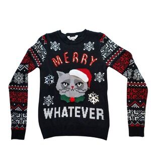 Ugly‎ Christmas Sweater Grumpy Cat Merry Whatever Sparkle Snowflakes Sequin S
